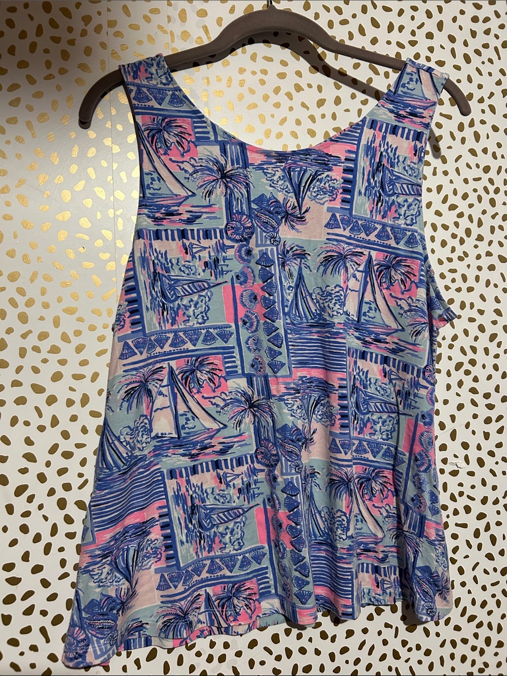 Girls Beach-Print Tank One-Piece in Pink & Blue
